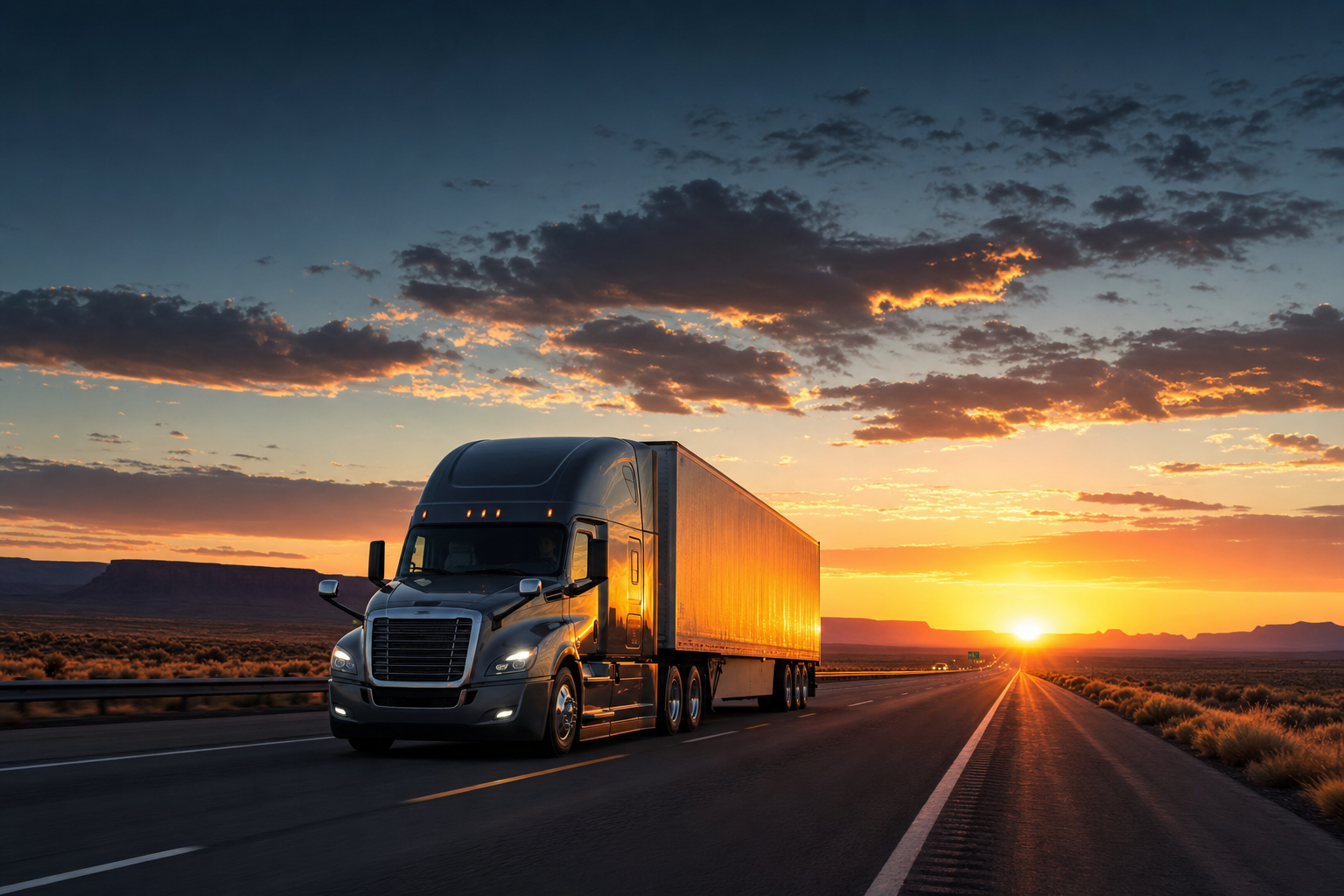 DHC Cargo semi-truck on open American highway at sunset
