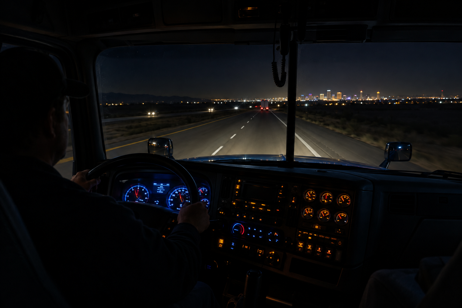 Truck cab interior at night on highway