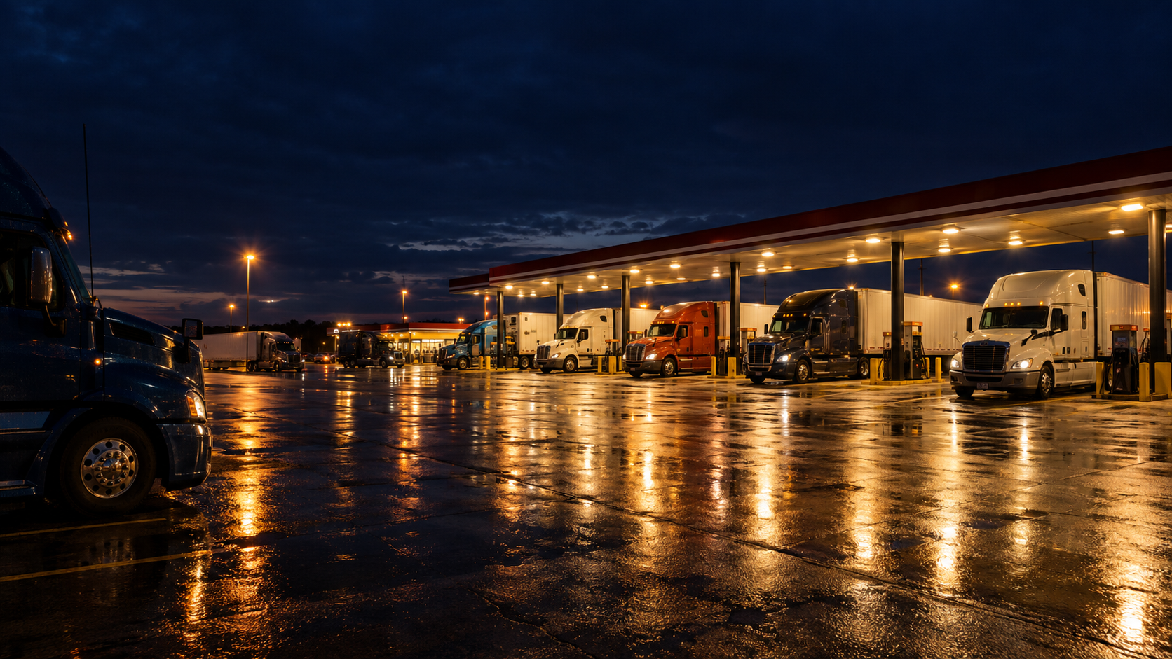 Truck stop at night